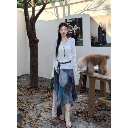 FA46080# 秋冬新款纯色连帽针织衫+雪纺扎染半身裙两件套女套装 服裝批發女裝批發服飾貨源