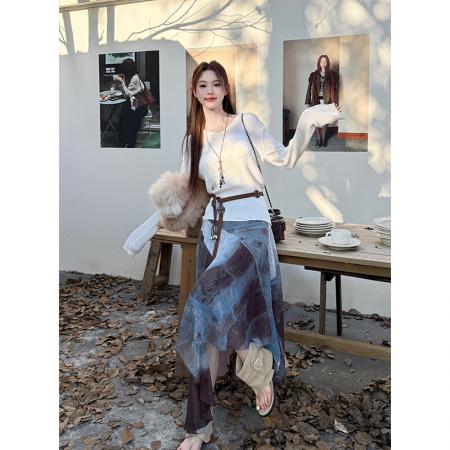 FA46080# 秋冬新款纯色连帽针织衫+雪纺扎染半身裙两件套女套装 服裝批發女裝批發服飾貨源