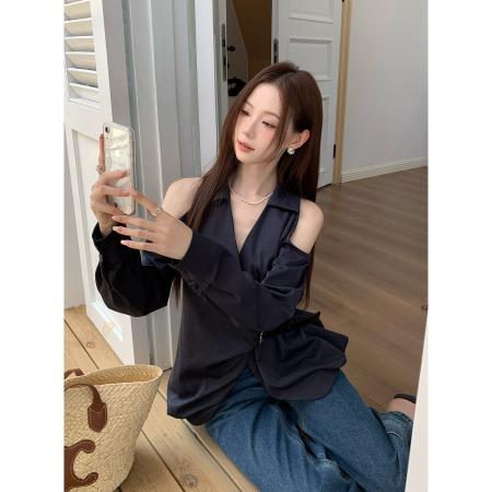 FA46081# 秋季新款女装设计感上衣小衫纯色长袖衬衫女 服裝批發女裝批發服飾貨源