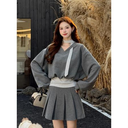 FA46082# 秋冬新款领带条纹拼接卫衣+半身裙两件套女休闲套装 服裝批發女裝批發服飾貨源