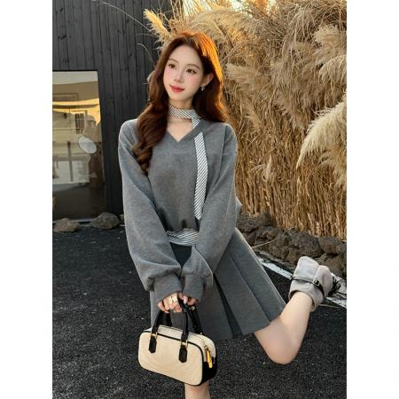 FA46082# 秋冬新款领带条纹拼接卫衣+半身裙两件套女休闲套装 服裝批發女裝批發服飾貨源