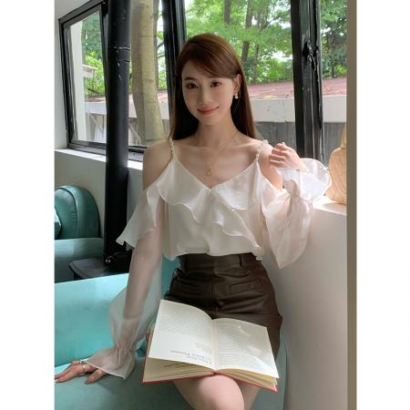 FA46083# 秋季新款纯色钉珠荷叶边喇叭袖上衣长袖雪纺衫女 服裝批發女裝批發服飾貨源