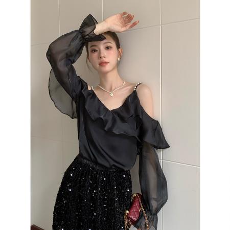 FA46083# 秋季新款纯色钉珠荷叶边喇叭袖上衣长袖雪纺衫女 服裝批發女裝批發服飾貨源