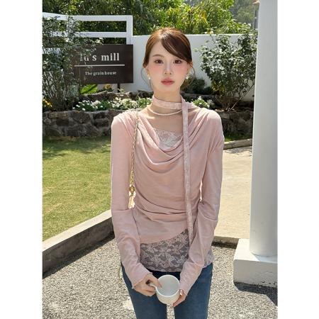 FA46084# 韩版修身显瘦甜美蕾丝拼接假两件上衣小衫长袖I恤打底衫 服裝批發女裝批發服飾貨源