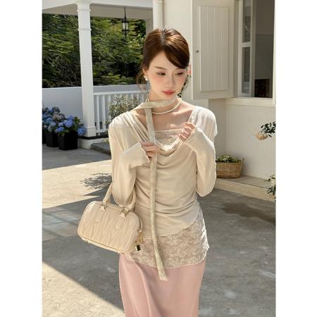 FA46084# 韩版修身显瘦甜美蕾丝拼接假两件上衣小衫长袖I恤打底衫 服裝批發女裝批發服飾貨源