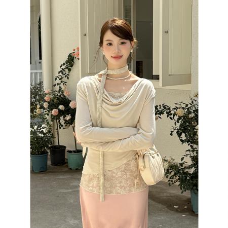 FA46084# 韩版修身显瘦甜美蕾丝拼接假两件上衣小衫长袖I恤打底衫 服裝批發女裝批發服飾貨源