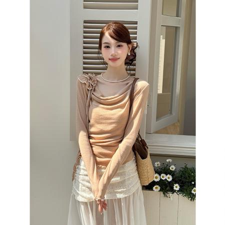 FA46085# 秋季新款纯色针织上衣+蕾丝网纱半身裙两件套套装 服裝批發女裝批發服飾貨源