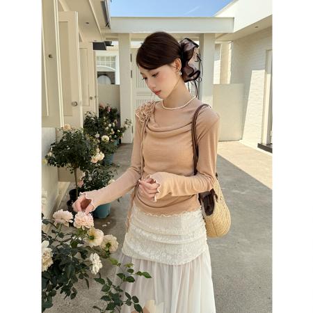 FA46085# 秋季新款纯色针织上衣+蕾丝网纱半身裙两件套套装 服裝批發女裝批發服飾貨源