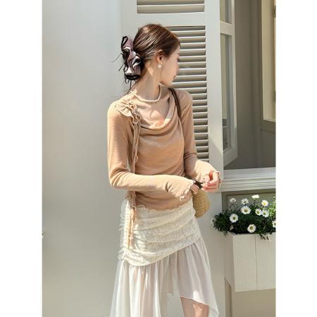 FA46085# 秋季新款纯色针织上衣+蕾丝网纱半身裙两件套套装 服裝批發女裝批發服飾貨源