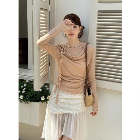 FA46085# 秋季新款纯色针织上衣+蕾丝网纱半身裙两件套套装 服裝批發女裝批發服飾貨源