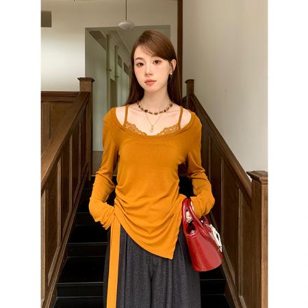 FA46086# 秋季新款纯色蕾丝拼接不规则上衣小衫长袖女T恤 服裝批發女裝批發服飾貨源