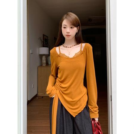 FA46086# 秋季新款纯色蕾丝拼接不规则上衣小衫长袖女T恤 服裝批發女裝批發服飾貨源