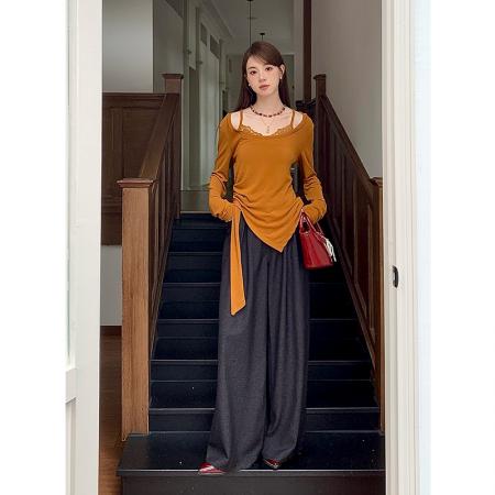 FA46086# 秋季新款纯色蕾丝拼接不规则上衣小衫长袖女T恤 服裝批發女裝批發服飾貨源