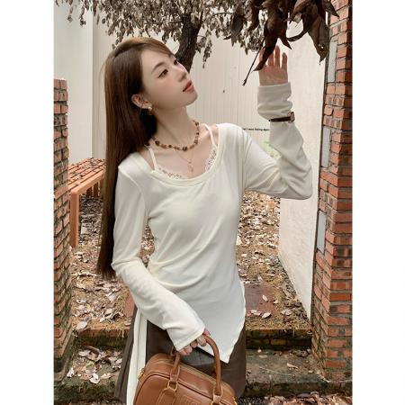 FA46086# 秋季新款纯色蕾丝拼接不规则上衣小衫长袖女T恤 服裝批發女裝批發服飾貨源