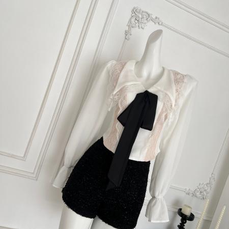 FA46088# 杏色短款长袖v领蕾丝衬衫女秋季内搭叠穿法式复古气质上衣 服裝批發女裝批發服飾貨源