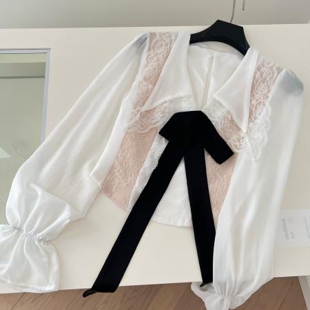 FA46088# 杏色短款长袖v领蕾丝衬衫女秋季内搭叠穿法式复古气质上衣 服裝批發女裝批發服飾貨源