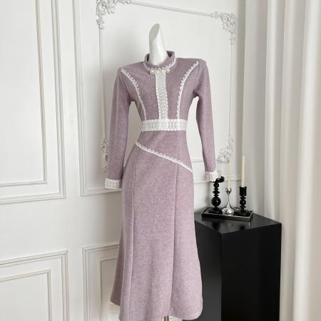 FA46089# 婷婷暮山紫•真江南新中式加绒显腰身旗袍裙女冬季新款连衣裙 服裝批發女裝批發服飾貨源