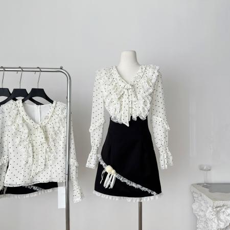 FA46090# 越韩小鱼珍妮小姐法式气质千金爱心衬衣蝴蝶结高腰显瘦半裙套装 服裝批發女裝批發服飾貨源