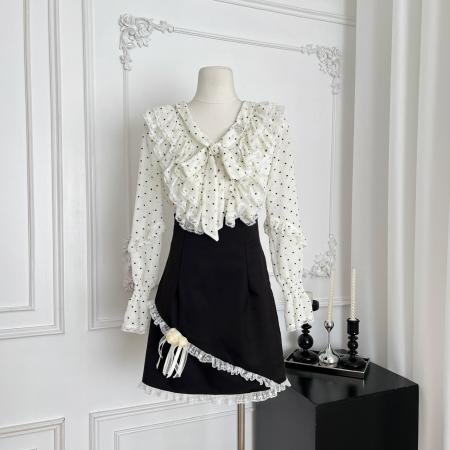 FA46090# 越韩小鱼珍妮小姐法式气质千金爱心衬衣蝴蝶结高腰显瘦半裙套装 服裝批發女裝批發服飾貨源