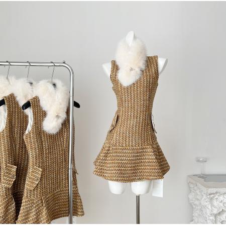 FA46091# 你的懒懒llan见习魔女贵气甜奢感粗花呢小香连衣裙含围脖 服裝批發女裝批發服飾貨源