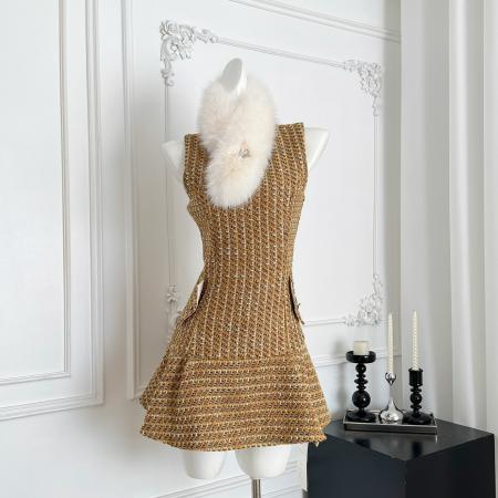 FA46091# 你的懒懒llan见习魔女贵气甜奢感粗花呢小香连衣裙含围脖 服裝批發女裝批發服飾貨源