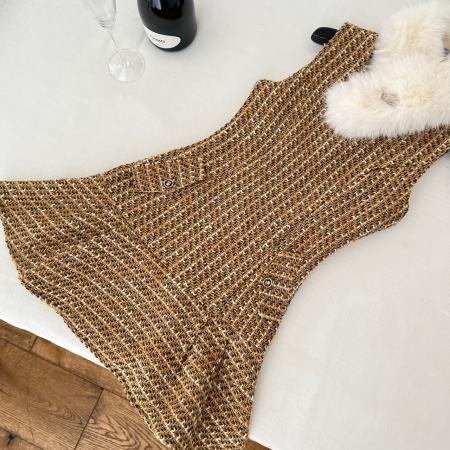 FA46091# 你的懒懒llan见习魔女贵气甜奢感粗花呢小香连衣裙含围脖 服裝批發女裝批發服飾貨源