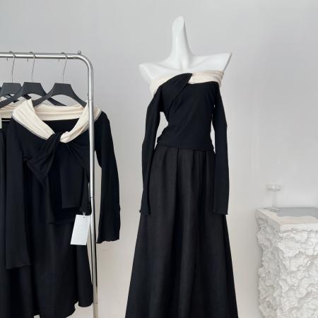 FA46092# 设计感交叉领露肩长袖针织衫撞色修身上衣高腰半身裙秋 服裝批發女裝批發服飾貨源