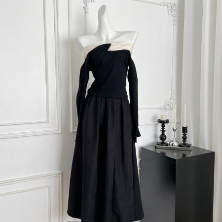 FA46092# 设计感交叉领露肩长袖针织衫撞色修身上衣高腰半身裙秋 服裝批發女裝批發服飾貨源