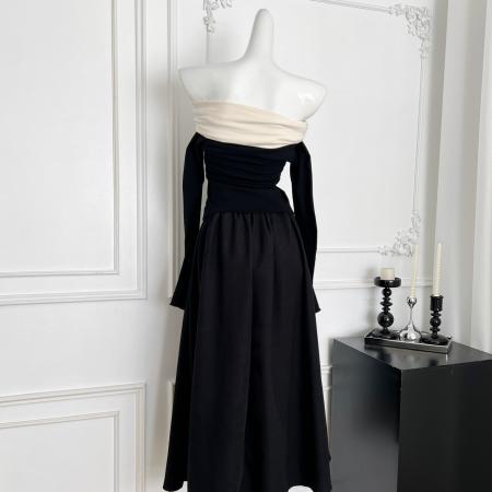 FA46092# 设计感交叉领露肩长袖针织衫撞色修身上衣高腰半身裙秋 服裝批發女裝批發服飾貨源