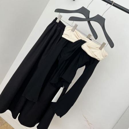 FA46092# 设计感交叉领露肩长袖针织衫撞色修身上衣高腰半身裙秋 服裝批發女裝批發服飾貨源