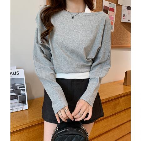 FA46096# 灰色斜肩挂脖假两件长袖t恤女秋季露肩宽松内搭打底衫 服裝批發女裝批發服飾貨源