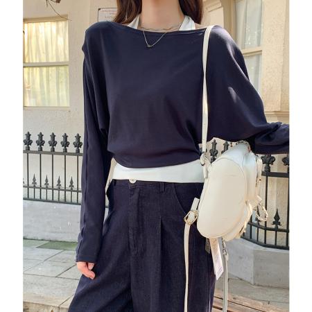 FA46096# 灰色斜肩挂脖假两件长袖t恤女秋季露肩宽松内搭打底衫 服裝批發女裝批發服飾貨源