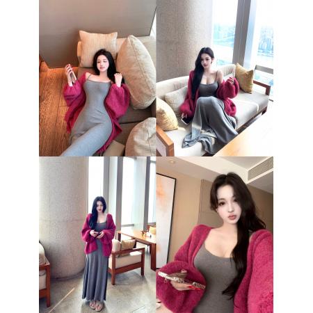 FA46097# 法式高级感大裙摆带胸垫收腰吊带裙+慵懒风火龙果色针织开衫 服裝批發女裝批發服飾貨源