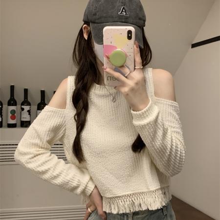 FA46105# 秋季新款小心机露肩打底衫流苏短款长袖T恤内搭白色上衣女装 服裝批發女裝批發服飾貨源