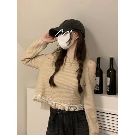 FA46105# 秋季新款小心机露肩打底衫流苏短款长袖T恤内搭白色上衣女装 服裝批發女裝批發服飾貨源