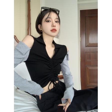 FA46109# POLO领露肩T恤女早秋新款设计感小众辣妹长袖短款打底衫上衣秋季 服裝批發女裝批發服飾貨源