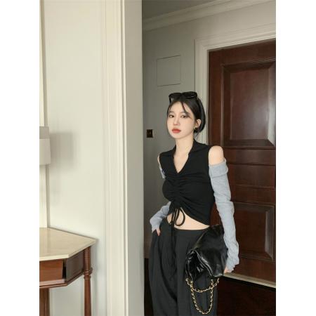 FA46109# POLO领露肩T恤女早秋新款设计感小众辣妹长袖短款打底衫上衣秋季 服裝批發女裝批發服飾貨源