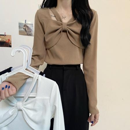 FA46111# 别致甜辣性感上衣女早秋内搭打底长袖t恤设计感减龄漂亮洋气小衫 服裝批發女裝批發服飾貨源