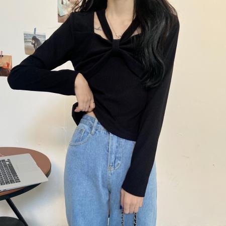 FA46111# 别致甜辣性感上衣女早秋内搭打底长袖t恤设计感减龄漂亮洋气小衫 服裝批發女裝批發服飾貨源