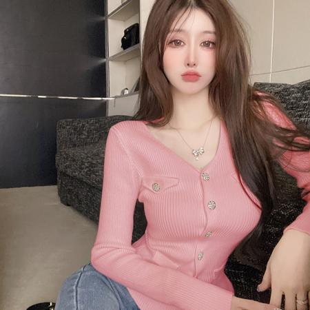 FA46117# 小香风气质V领针织开衫外套上衣女口袋金扣洋气修身显瘦毛衣纯欲 服裝批發女裝批發服飾貨源