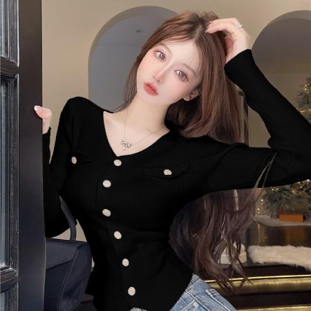 FA46117# 小香风气质V领针织开衫外套上衣女口袋金扣洋气修身显瘦毛衣纯欲 服裝批發女裝批發服飾貨源