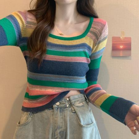 FA46119# 秋冬新款韩版甜辣风方领小众撞色条纹修身显瘦软糯短款T恤衫 服裝批發女裝批發服飾貨源