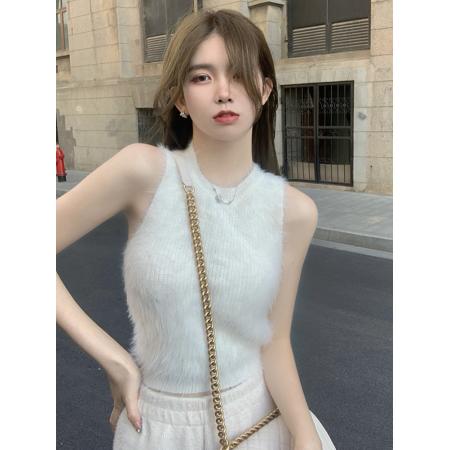 FA46120# 毛毛吊带小背心女秋冬内搭仿貂绒毛保暖打底外穿短款辣妹无袖上衣 服裝批發女裝批發服飾貨源