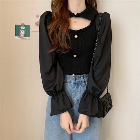 FA46121# 秋季新款设计感小众泡泡袖针织长袖衬衫秋冬女别致独特短款上衣 服裝批發女裝批發服飾貨源
