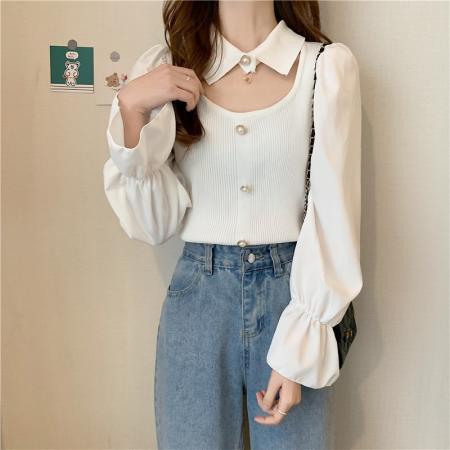 FA46121# 秋季新款设计感小众泡泡袖针织长袖衬衫秋冬女别致独特短款上衣 服裝批發女裝批發服飾貨源