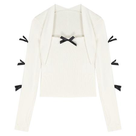 FA46122# 原版质量针织衫女装蝴蝶结方领短款紧身内搭打底衫春季毛衣 服裝批發女裝批發服飾貨源