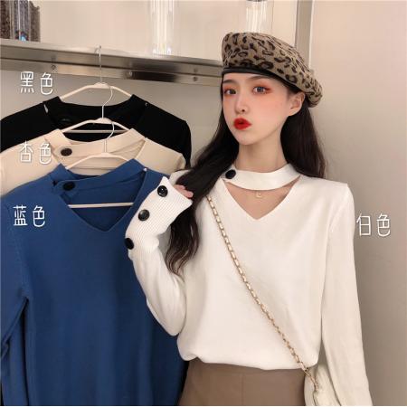 FA46123# 秋冬韩版新款设计感法式小众挂脖显瘦内搭打底长袖针织衫女装 服裝批發女裝批發服飾貨源