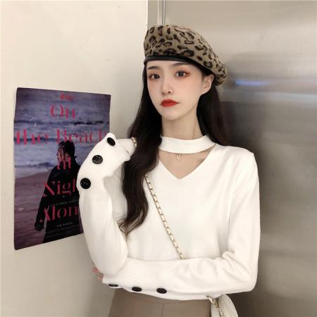 FA46123# 秋冬韩版新款设计感法式小众挂脖显瘦内搭打底长袖针织衫女装 服裝批發女裝批發服飾貨源