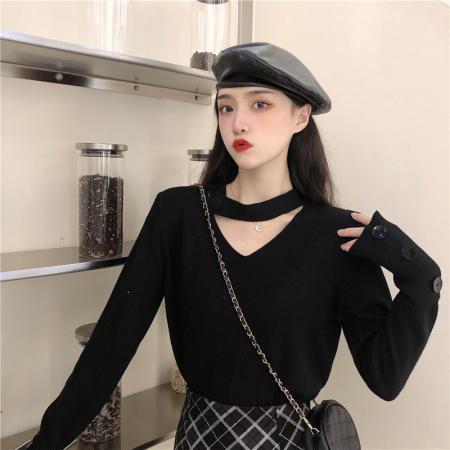 FA46123# 秋冬韩版新款设计感法式小众挂脖显瘦内搭打底长袖针织衫女装 服裝批發女裝批發服飾貨源