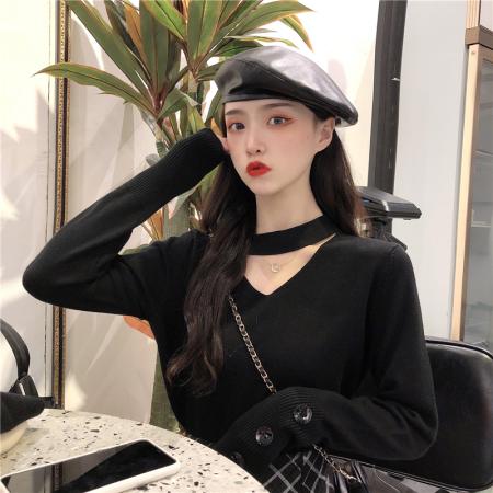 FA46123# 秋冬韩版新款设计感法式小众挂脖显瘦内搭打底长袖针织衫女装 服裝批發女裝批發服飾貨源